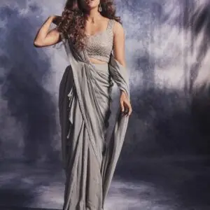 stylish smoke grey pre draped saree