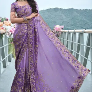 Purple Heavy Embroidered Designer Silk Saree