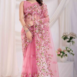 elegant pink net saree with floral embroidery