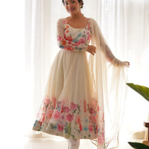 gorgeous cream flower printed anarkali gown set