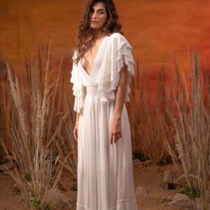 elegant white v neck maxi dress with ruffled sleeves