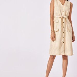 chic beige striped v neck dress with stylish waist belt chic beige striped v neck dress with stylish waist belt