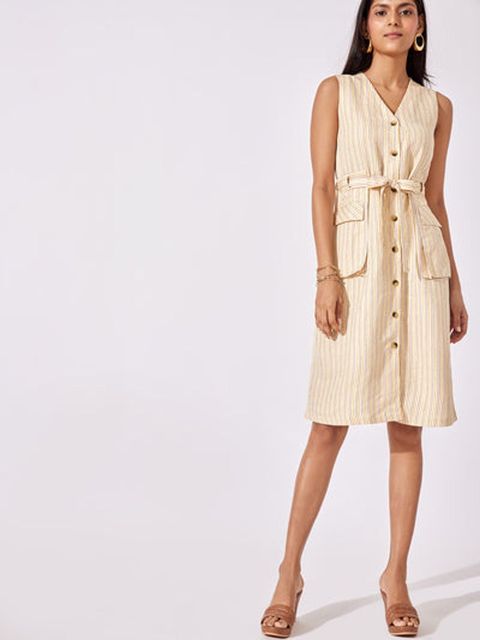 chic beige striped v neck dress with stylish waist belt chic beige striped v neck dress with stylish waist belt