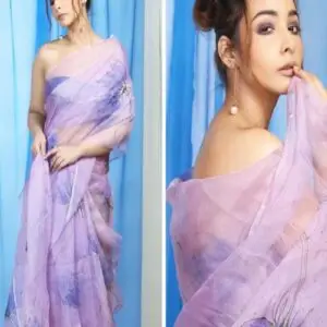 flower digital print organza festive look purple saree