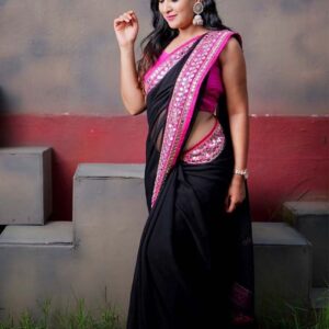 Stunning Black Partywear Saree with Intricate Mirror Detailing