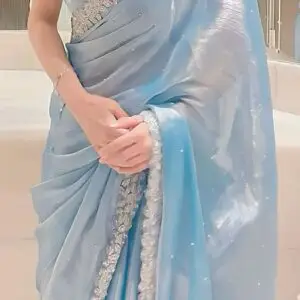 sky blue elegant saree with border stone work