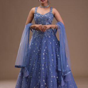 party special navy blue net lehenga with elegant mirrorwork