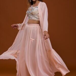 designer peach mirrorwork georgette salwar suit