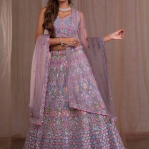stunning lavender net lehenga with mirrorwork embroidery