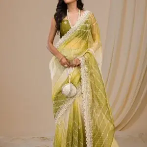premium mehendi net saree with fine gotapatti detailing