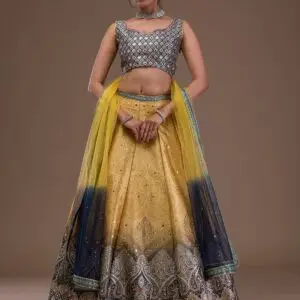 festive mustard mirrorwork banarasi lehenga