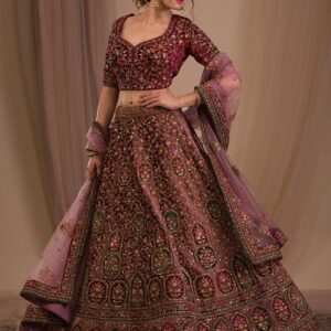 luxury onion pink zari embroidered velvet lehenga