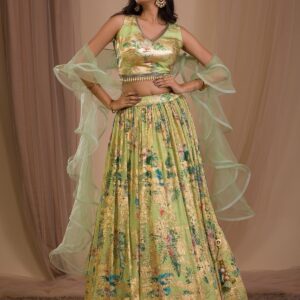 festive parrot green cutdana art silk lehenga