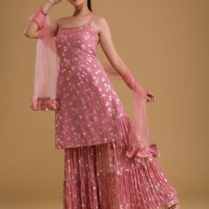 festive pink georgette sharara suit
