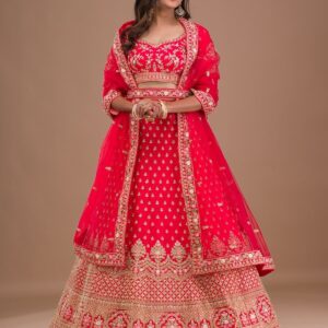 elegant red raw silk readymade lehenga with zariwork