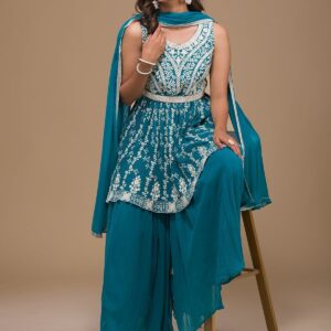 elegant turquoise blue threadwork georgette sharara set