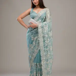 designer turquoise blue zariwork tissue saree
