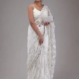 luxury white net saree with beautiful threadwork
