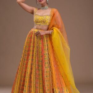 gorgeous yellow party wear crepe lehenga with intricate cutdana detailing