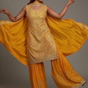 elegant yellow semi crepe sharara suit with gotapatti work
