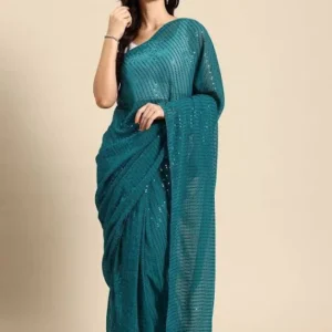 blue color embroidered party wear saree for woman